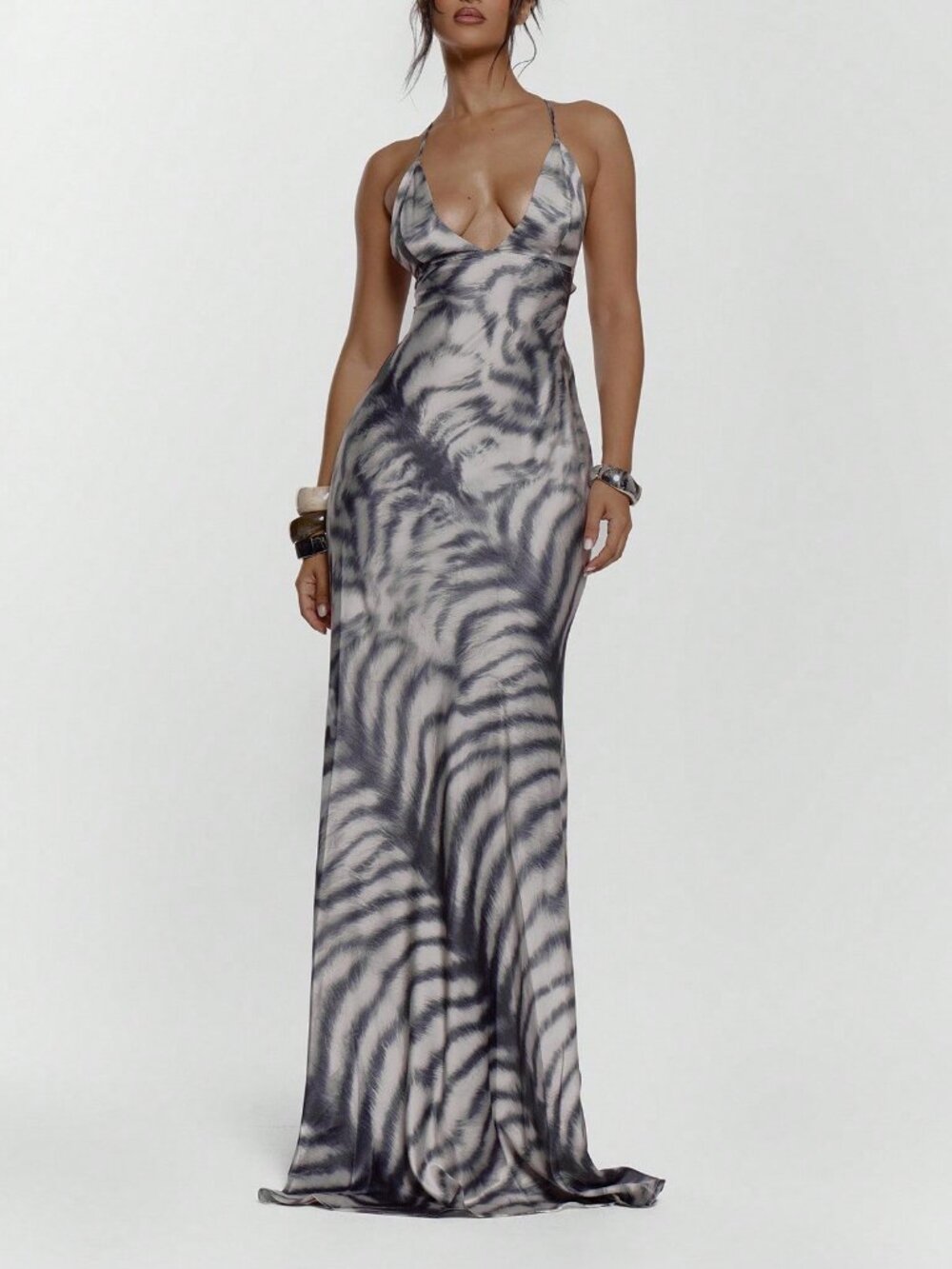 Multicolor Sexy Women's Lace-Up Animal Print Maxi Dress - Picture 4 of 5